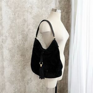 Lauren Ralph Lauren Black Fringe Metal Shoulder Riding Bag Purse
